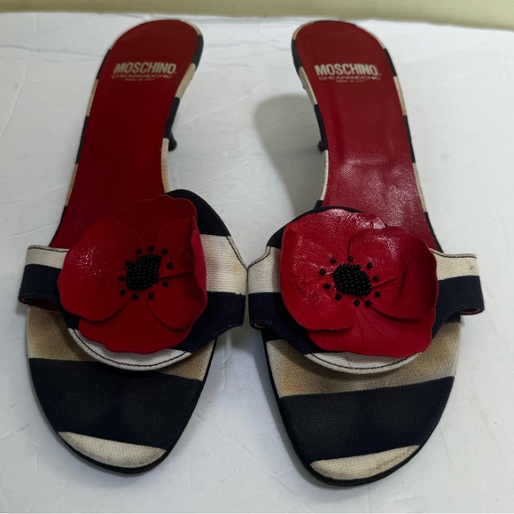 Moschino Vintage Y2K Poppy Floral Striped Kitten Heel Mules Slides Sandals Shoe - Picture 7 of 16